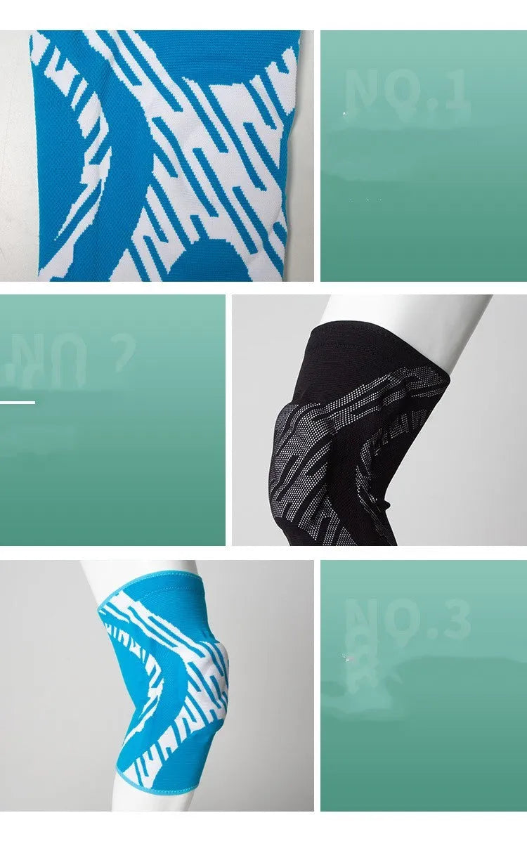 Men's black basketball knee pads showing compression fit and protective kneecap design
