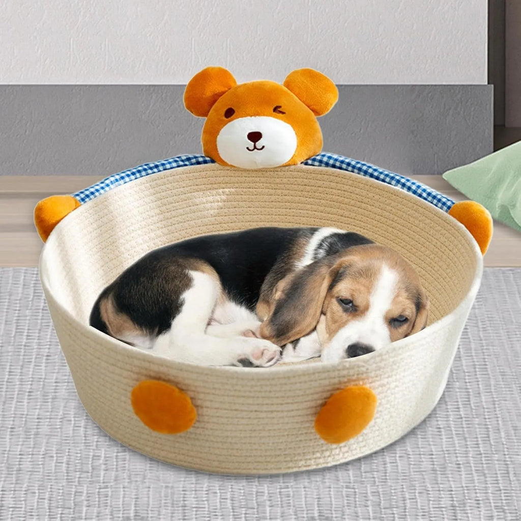 Woven cotton rope cat bed with scratching surface in Bear design, shown in medium size.