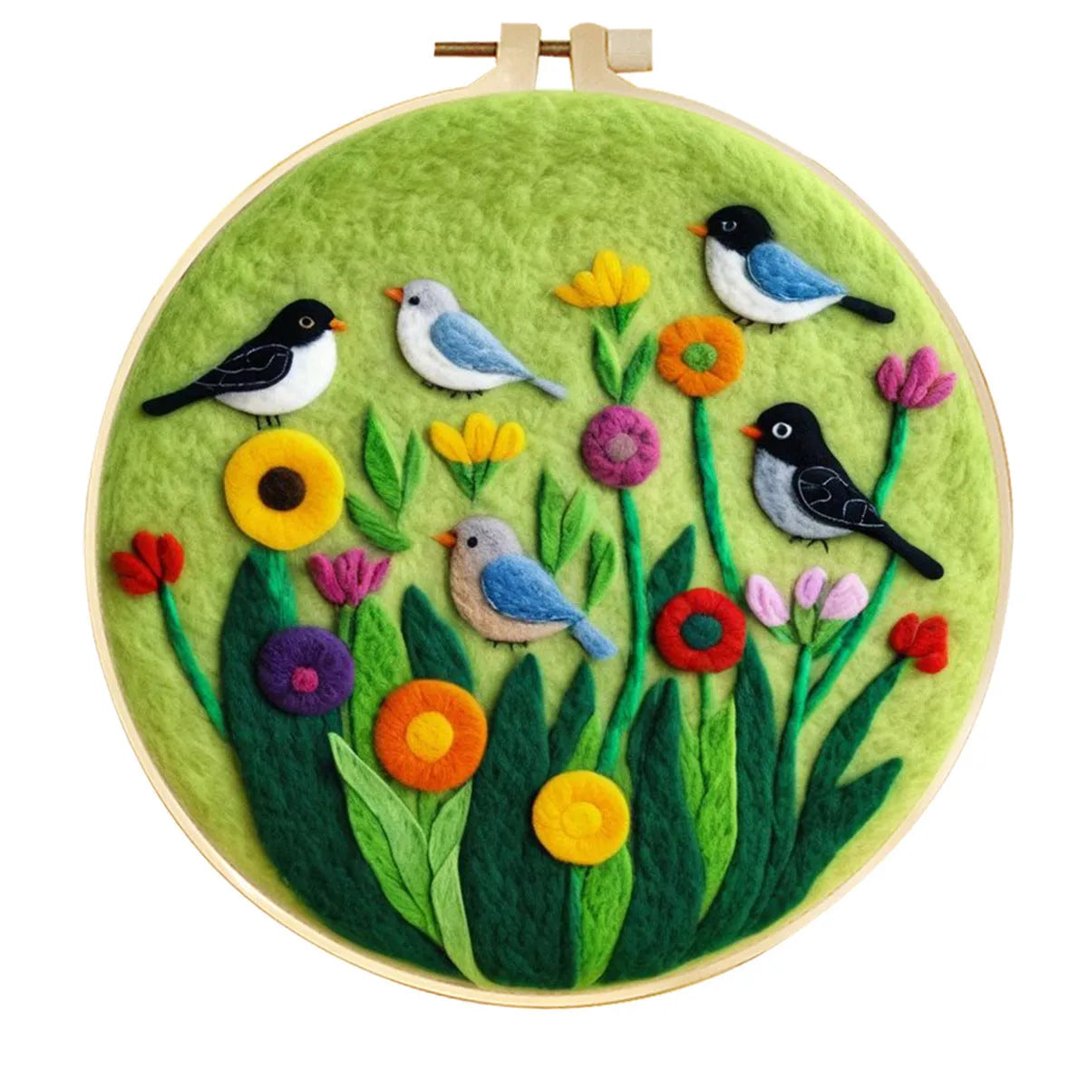 Round 20x20 cm linen embroidery kit with wool felt pieces for floral design and included embroidery frame.