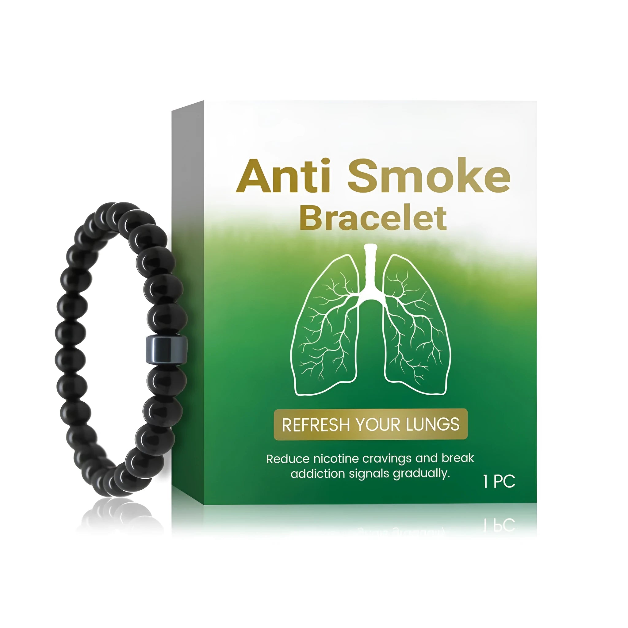 Men's black smoke prevention bracelet with a black gallstone centre and glass beads on an adjustable rope.