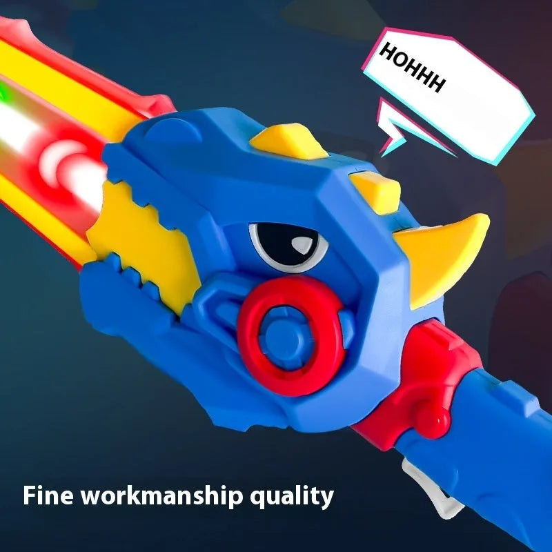 Transformers dinosaur toy with glowing sword in bright blue plastic, 15 cm size, on white background