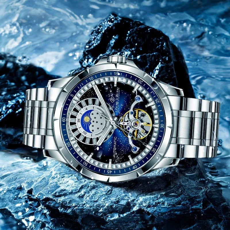 Men's silver automatic mechanical watch with blue dial and stainless steel butterfly buckle
