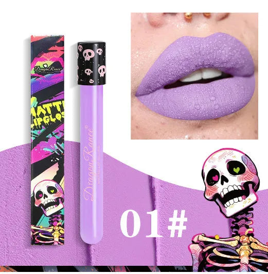 Halloween creative makeup lip gloss in skull test tube packaging with gold and silver matte shades