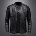 Fall plus size PU leather jacket with stand collar for men, available in black or white, featuring zipper pockets