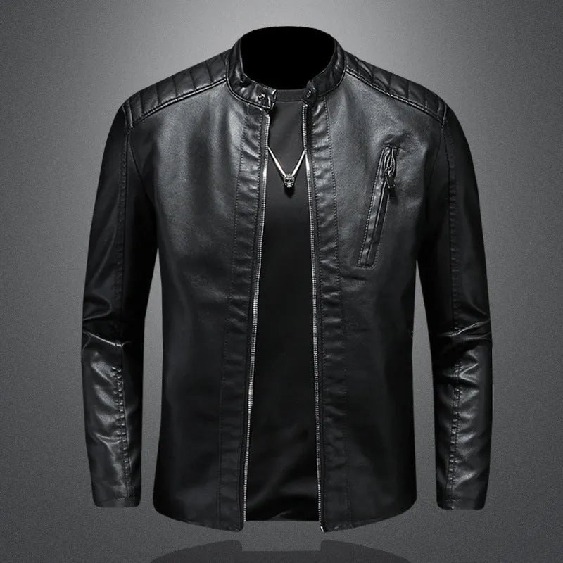 Fall plus size PU leather jacket with stand collar for men, available in black or white, featuring zipper pockets
