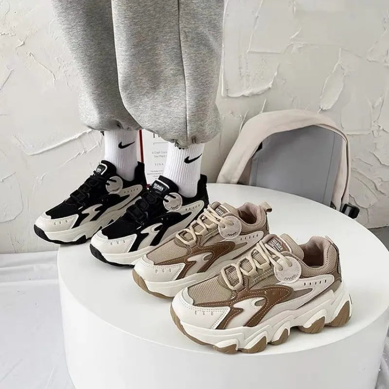 Women's colourblock sneakers with black mesh upper, super high heel, cross shoulder strap, and lace-up closure