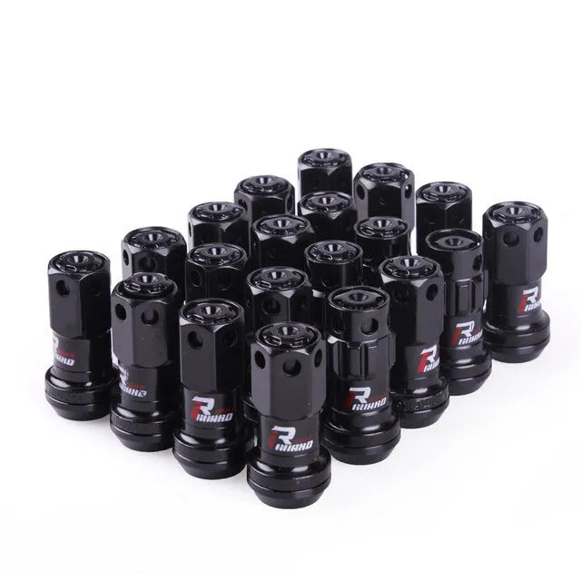 Set of aluminium alloy universal wheel hub nuts in various two-tone colours including black gold and red.