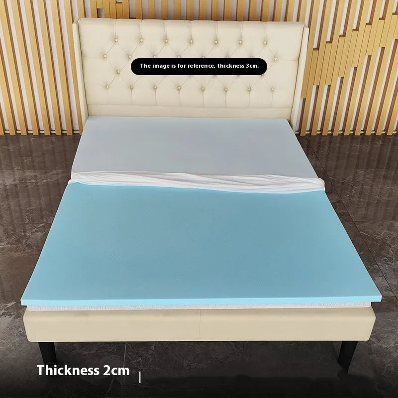 Thin gel memory cotton tatami mattress showing slow rebound and available in multiple sizes and thicknesses.