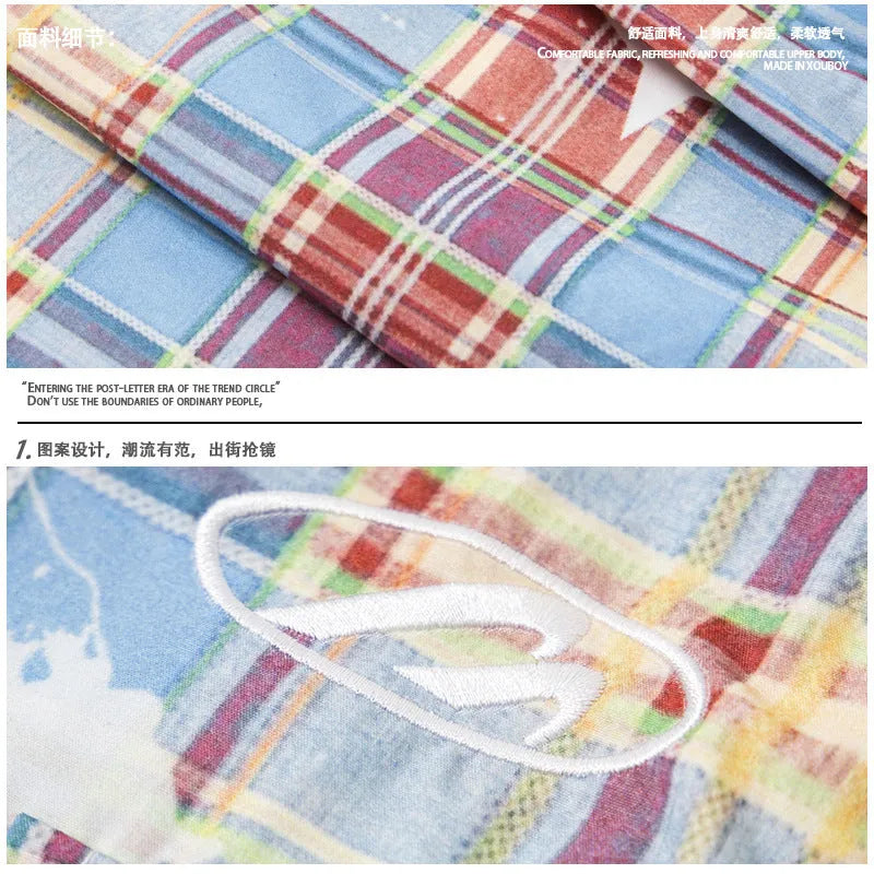 Men's blue retro plaid loose straight-leg casual trousers with mid waist
