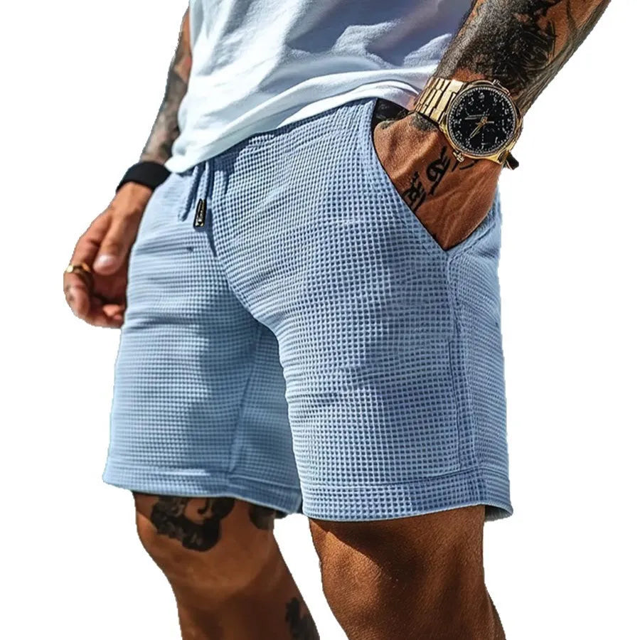 Men's retro waffle knit light blue polyester stretch shorts with wide leg, summer casual surfing wear