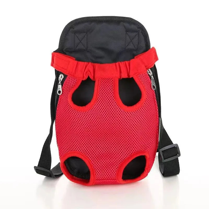 Convertible dog carrier backpack worn on front with small dog inside, showing adjustable straps and breathable mesh panels