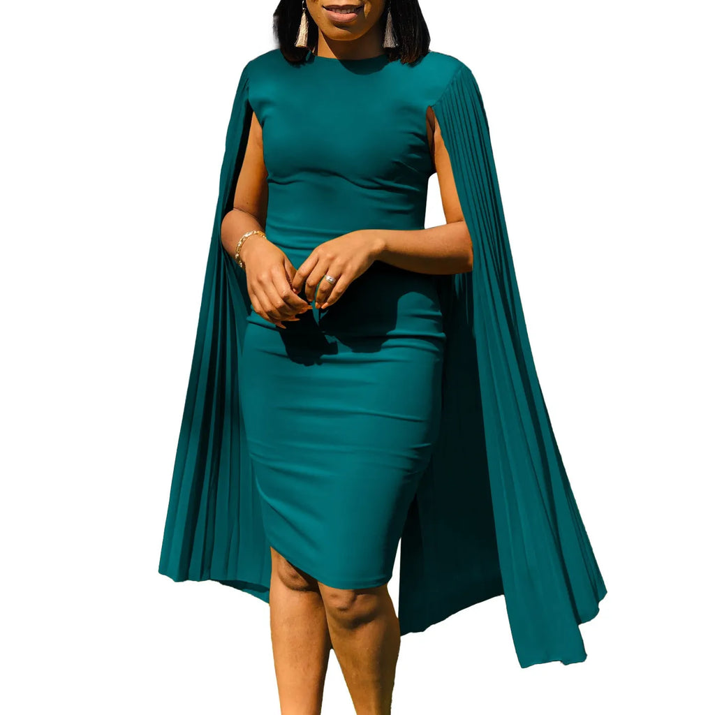 Yellow round neck evening gown with pleated shawl, long sleeves, and a high waist.