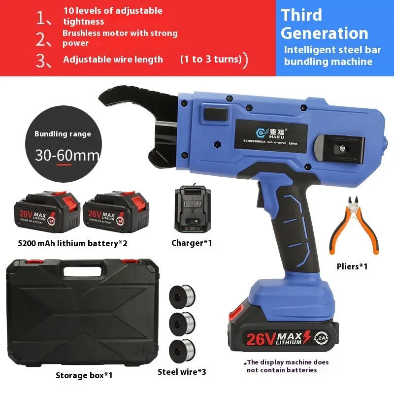 Electric steel bar tying machine with battery and charger for construction site rebar work