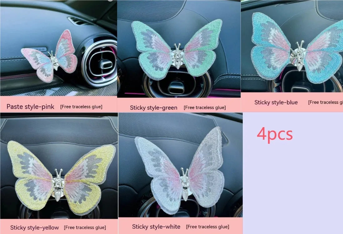 Moving embroidery butterfly decoration on car centre console air vent in pink fabric
