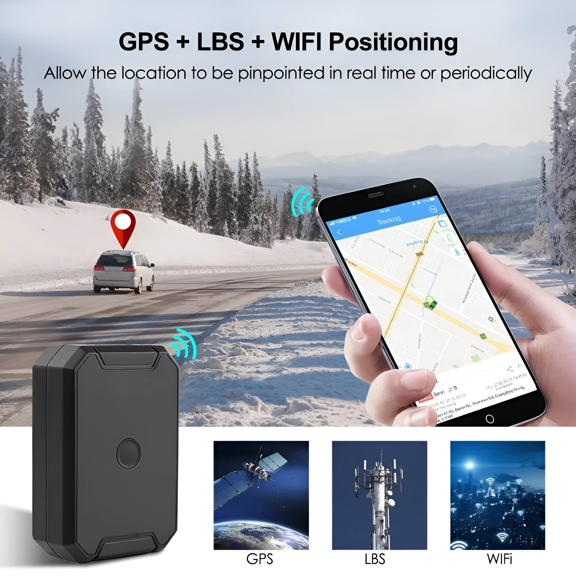 Black GPS car tracker with 6000mAh battery and ceramic antenna for vehicle security