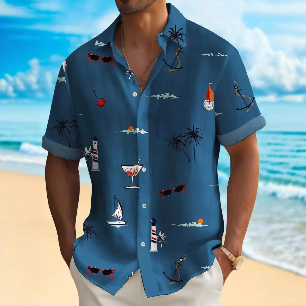 Man wearing a loose-fit digital print Hawaiian shirt in a vibrant colour.