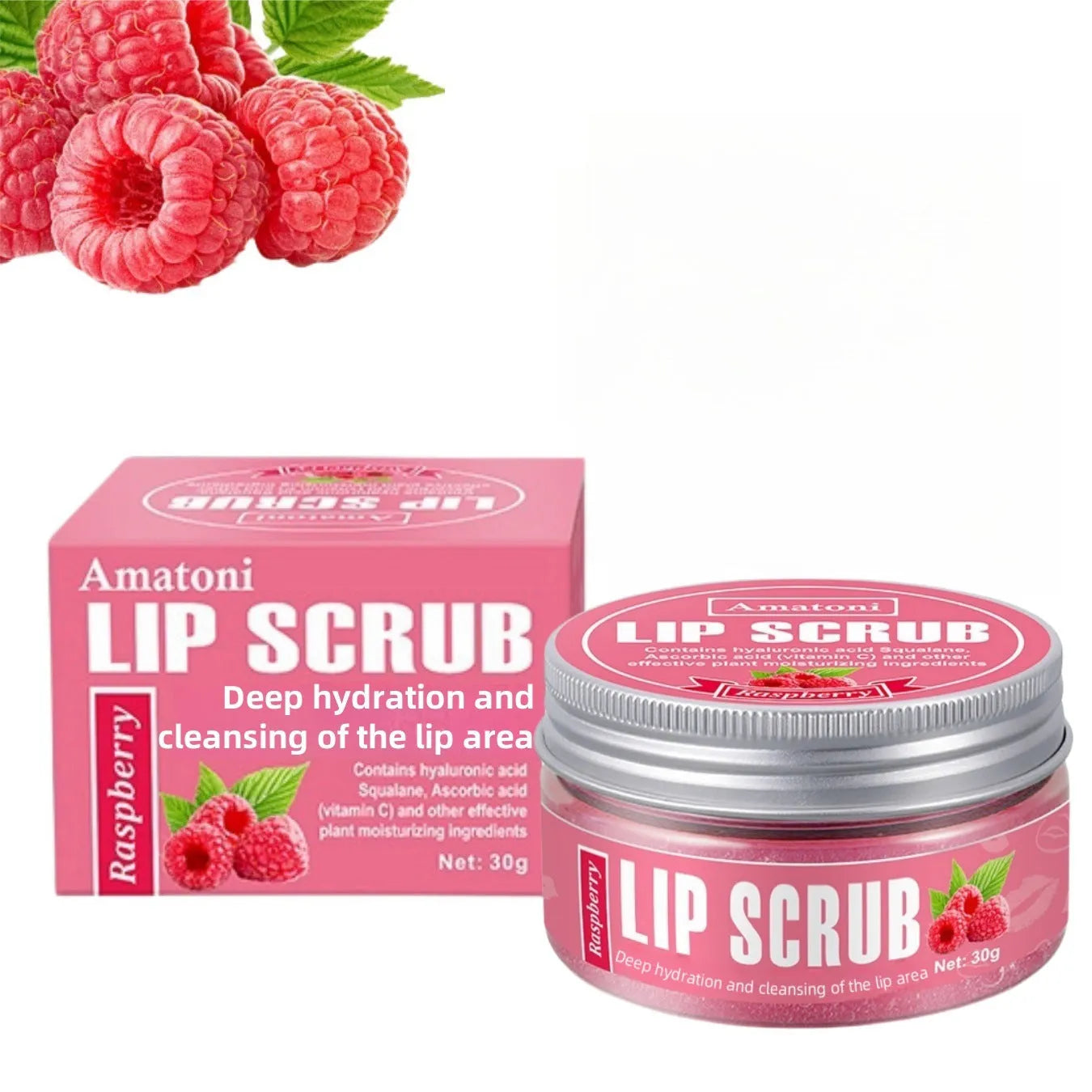 Amatoni 30g fruit flavour lip scrub cream jar in coconut raspberry vanilla watermelon options