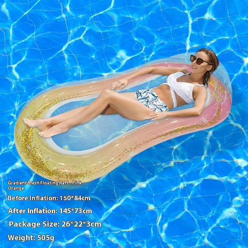 PVC thick sequins inflatable floating row pool lounger in gradient colour with canopy