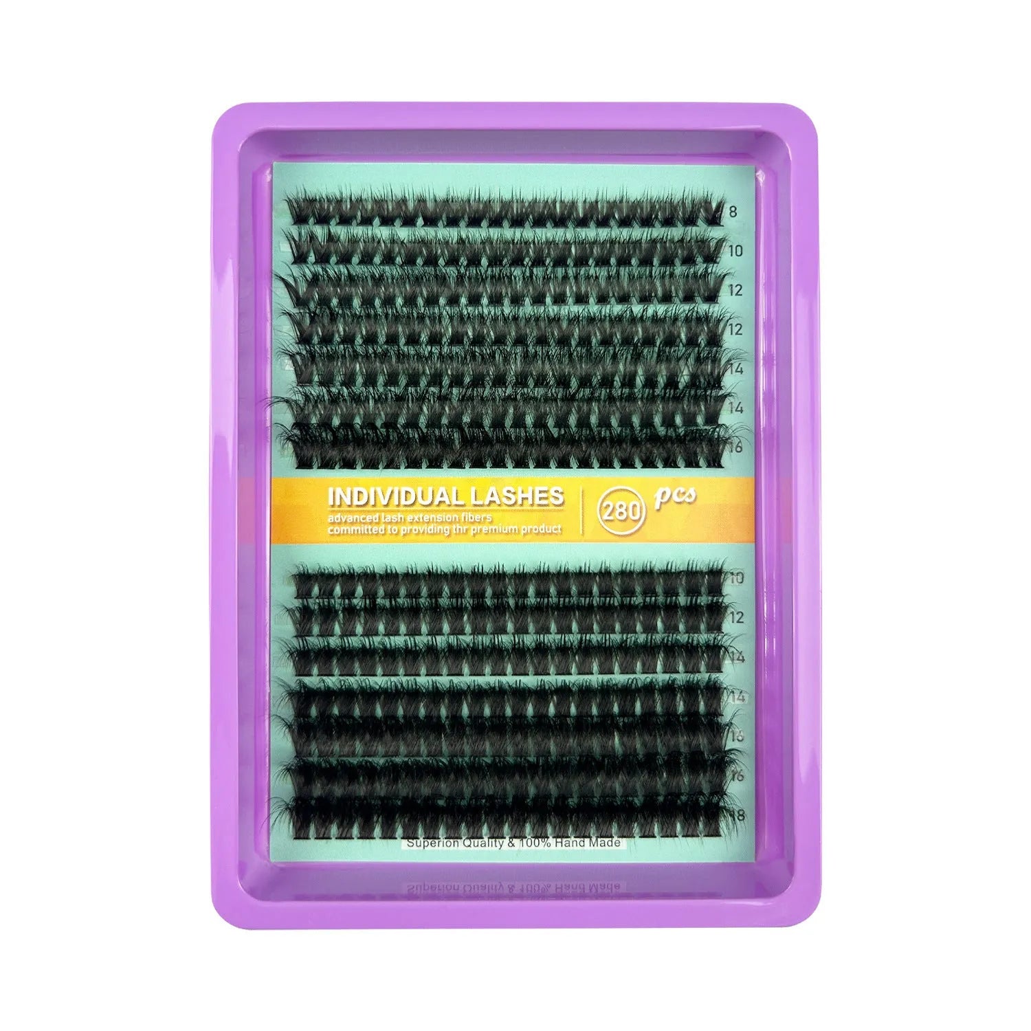 False eyelash storage box with mixed eyelashes inside, showing dimensions of 13.7cm by 13.5cm