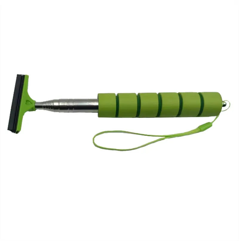 Retractable stainless steel car wiper hanging from a rearview mirror, shown extended and in black colour.