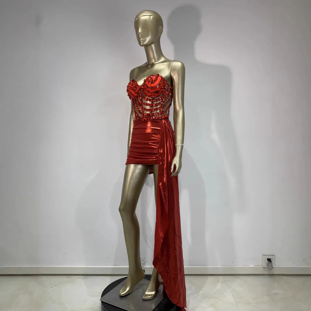 Red spandex stage skirt suit with hollow mesh see-through panels for female performers
