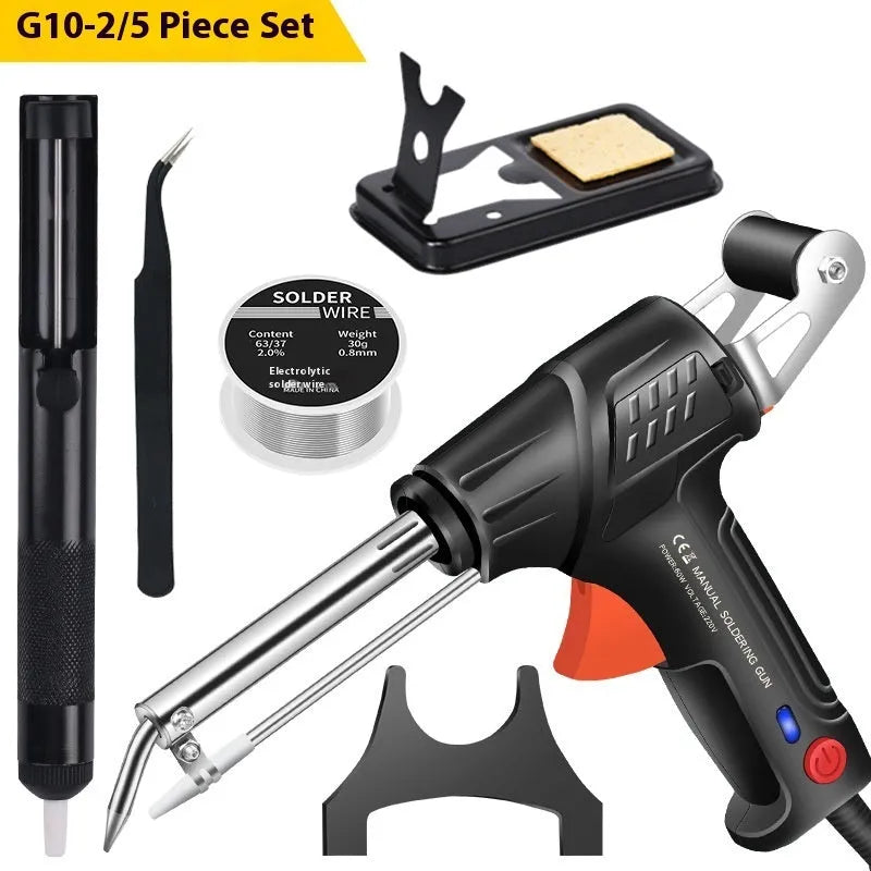 Black G102 alloy soldering gun kit with light, showing five pieces including iron, stand, and accessories.