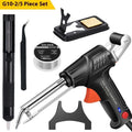 Black G102 alloy soldering gun kit with light, showing five pieces including iron, stand, and accessories.