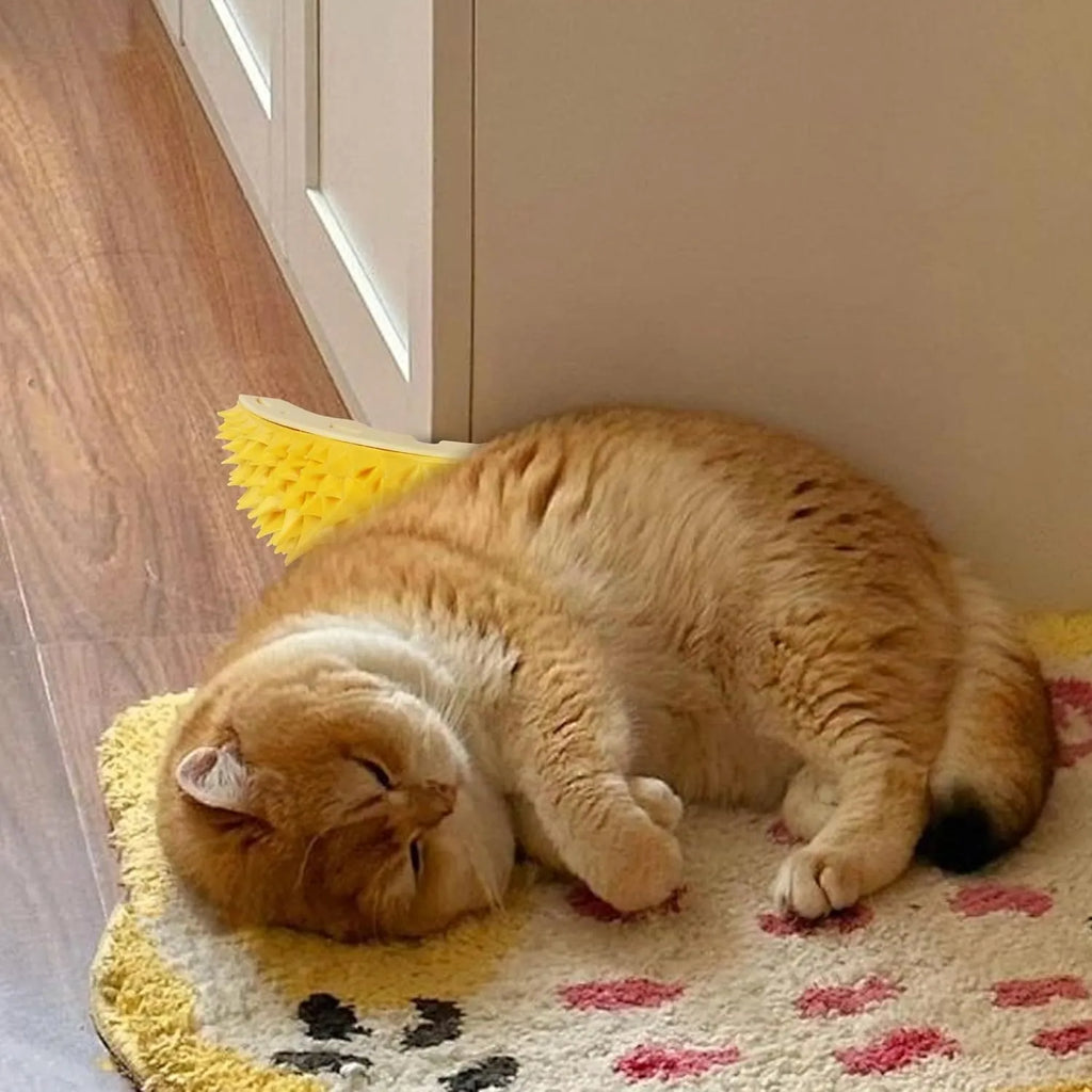 Yellow durian-shaped cat corner scratcher mounted on wall with catnip powder packet