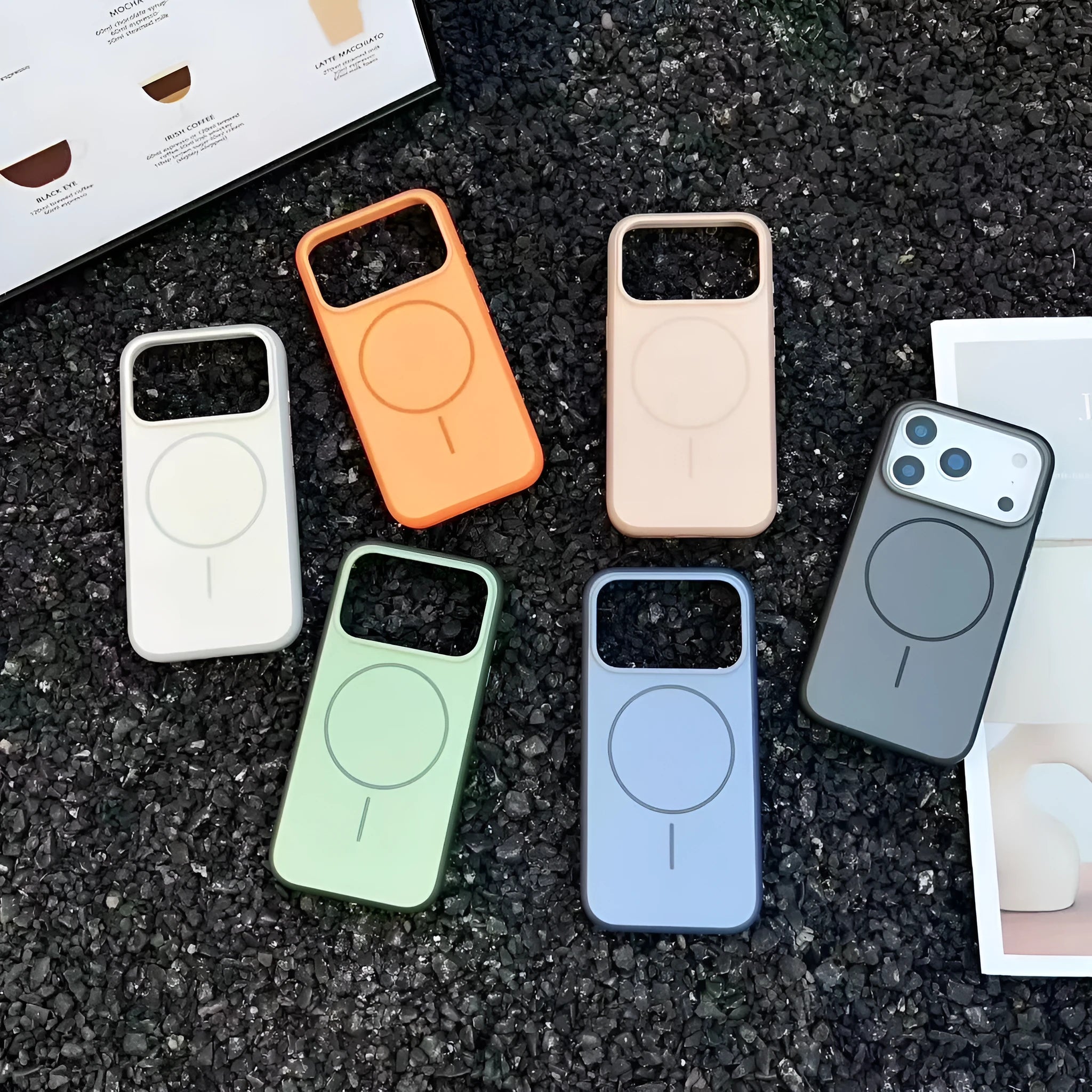 Frosted magnetic phone case for iPhone with a contrasting coloured AI photography button on the side.