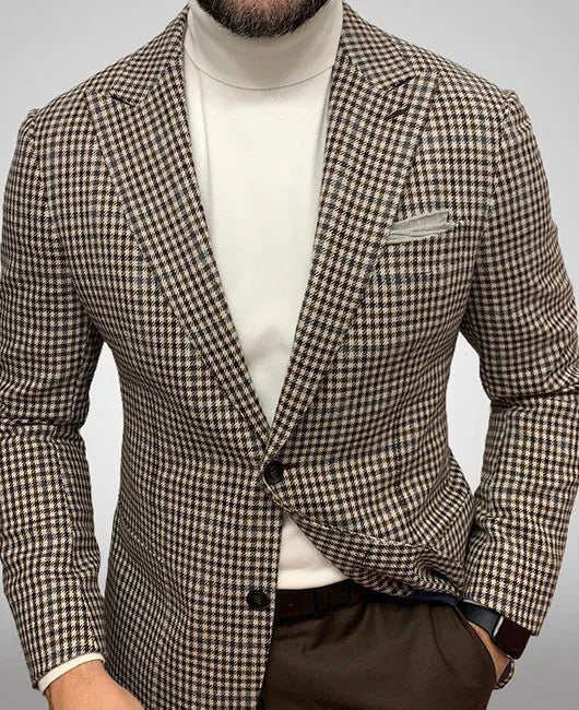 Men's British style slim fit suit jacket with two-button design and top-stitched pockets