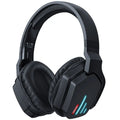 Luminous black wireless headphones with head-mounted design showing 3.5mm cable and dust bag