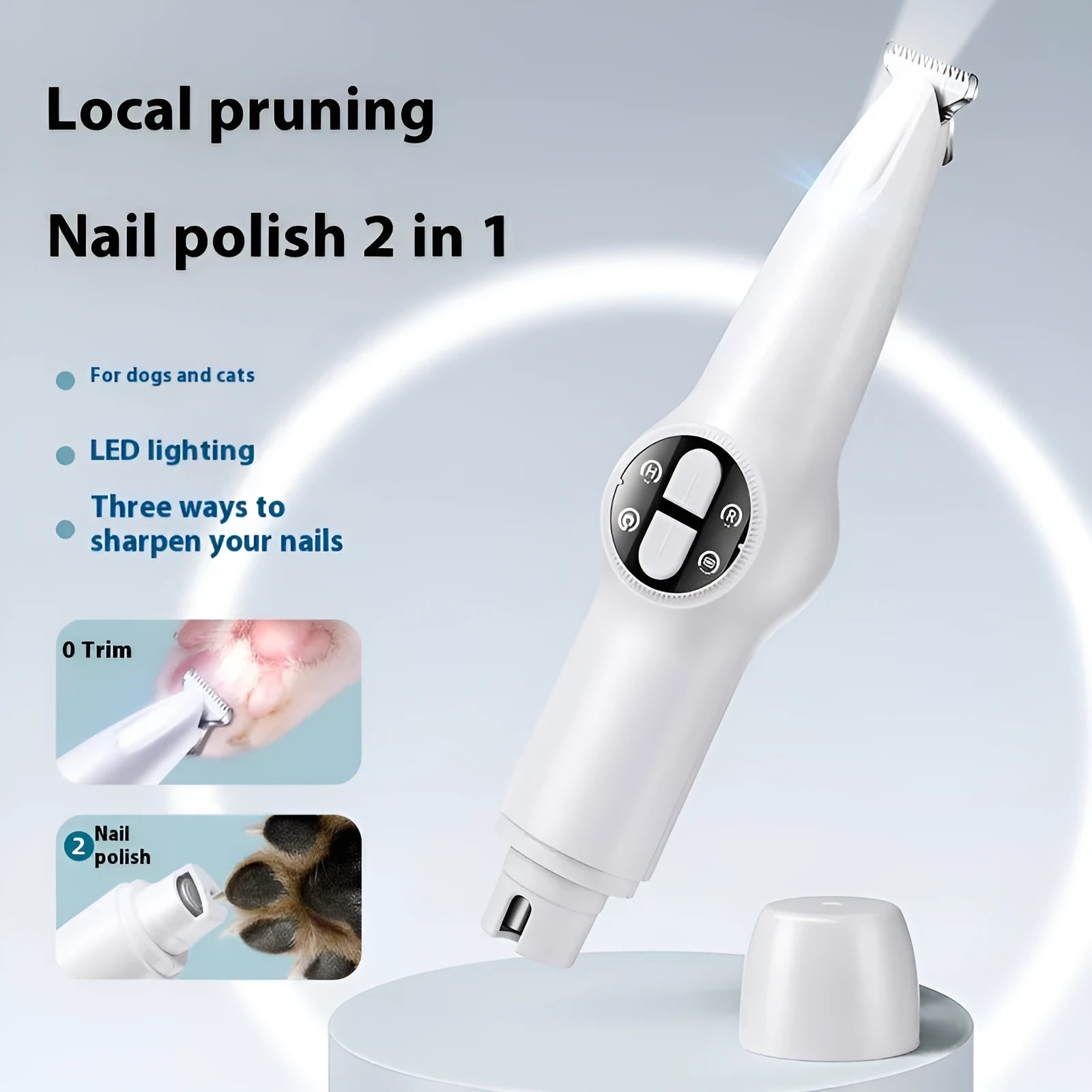 White plastic rechargeable pet cat foot shaver with double button control and grinding head for paw hair and nail trimming