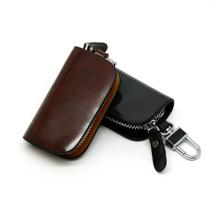 Genuine cowhide leather car key case with frosted finish and zipper closure