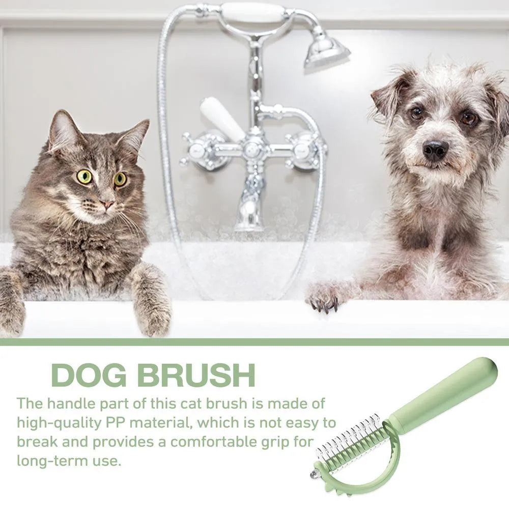 Blue dinosaur-shaped cat brush with self-cleaning feature and double-sided grooming heads