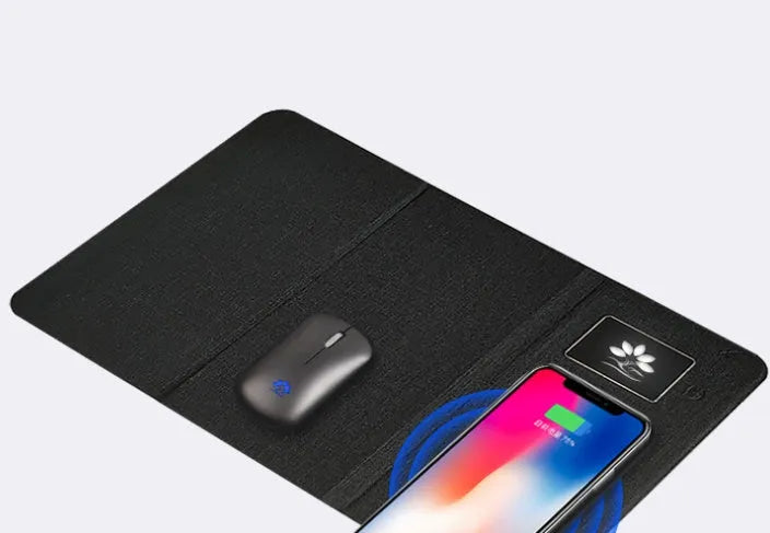 Folding wireless charging mouse pad set with cloth surface, compact mouse, and handbag.