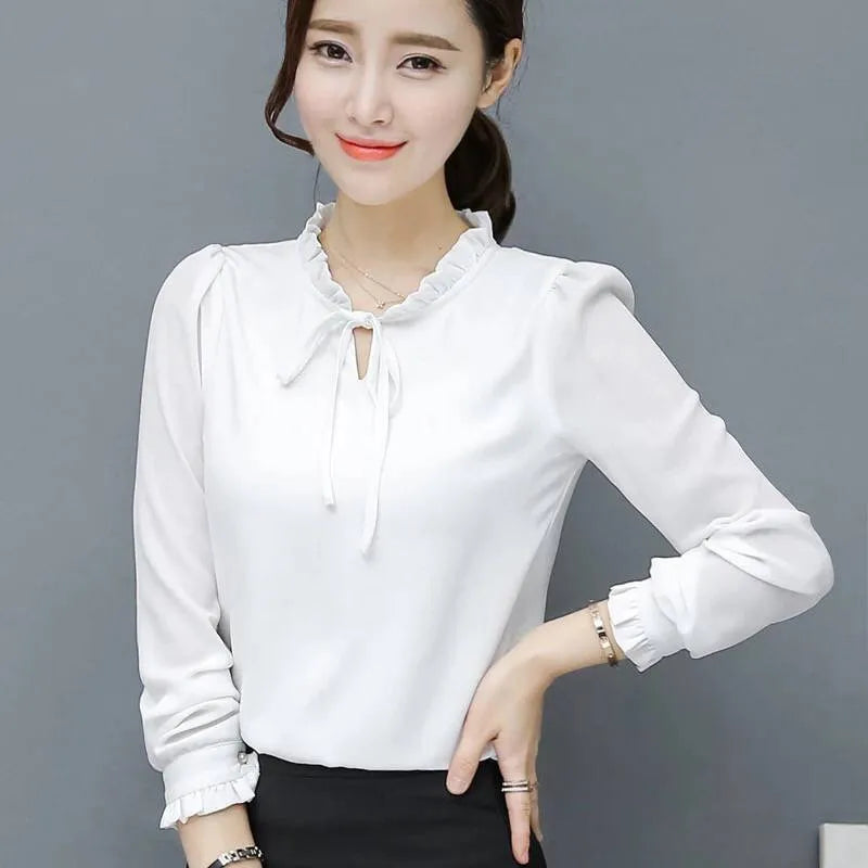 Loose plus size bow chiffon shirt in rose red – women's polyester long sleeve pullover blouse