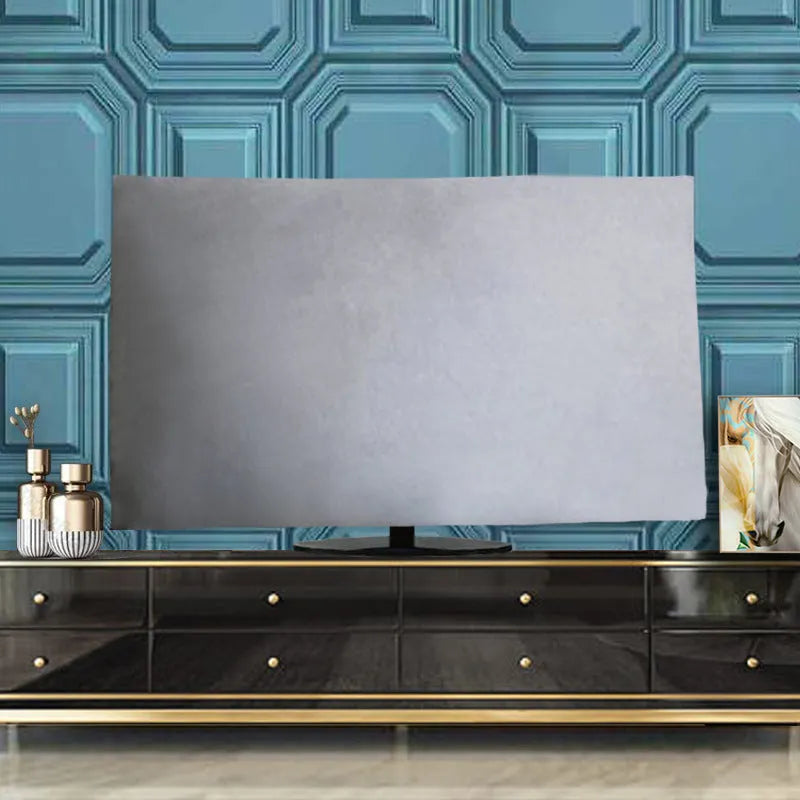 Velvet fabric TV cover with national style pattern, shown in light blue colour for a flat-screen television.
