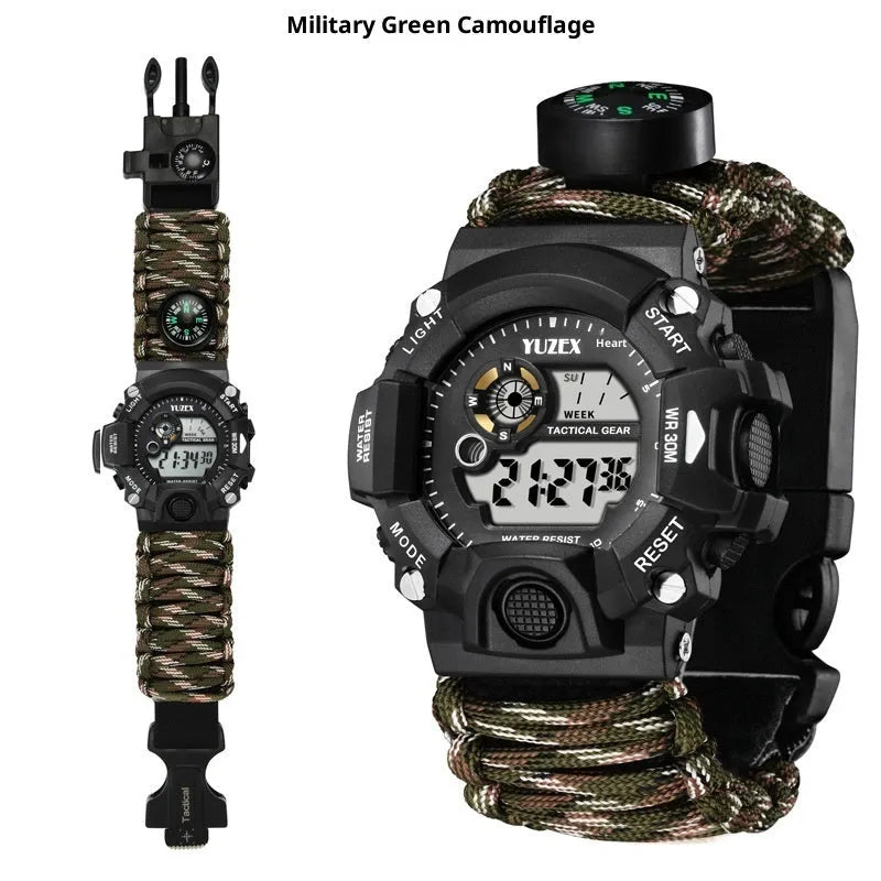 Multifunctional survival bracelet watch with parachute cord strap, firestone, whistle, and compass on a wrist in outdoor setting