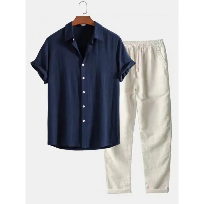 Men's casual loose fit polyester linen shirt and trousers suit in multiple colour options