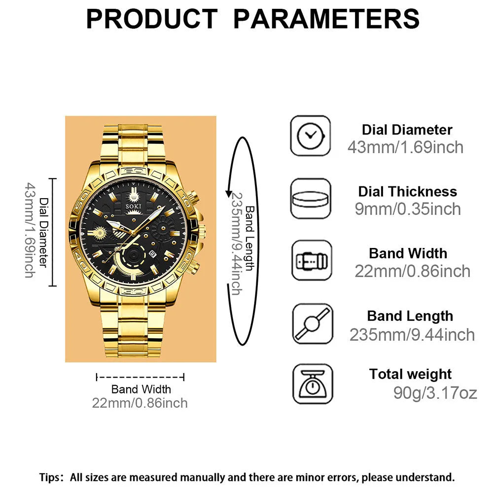 Gold men's stainless steel business quartz watch with calendar on wrist.