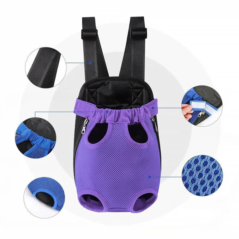 Convertible dog carrier backpack worn on front with small dog inside, showing adjustable straps and breathable mesh panels