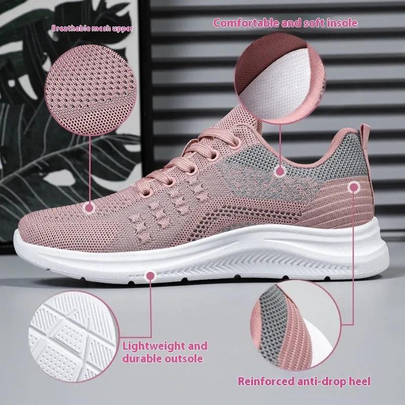Women's black mesh casual sneakers with lace-up front and round toe