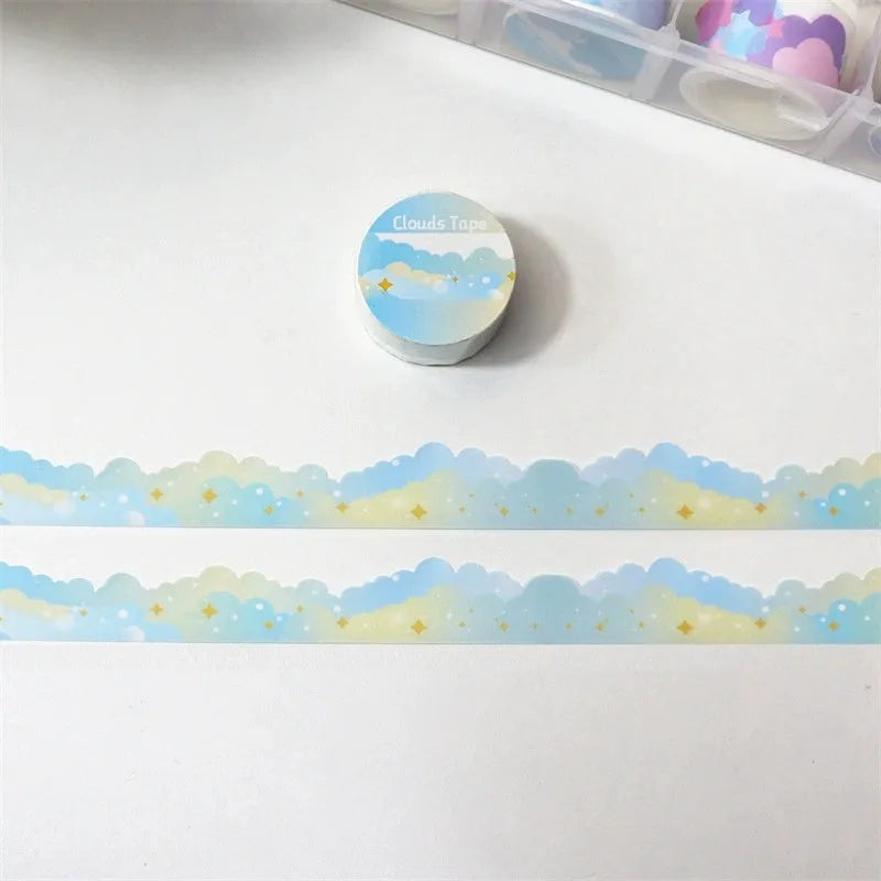 Roll of washi tape with stars and clouds border pattern, 24mm wide, in one of nine colour options