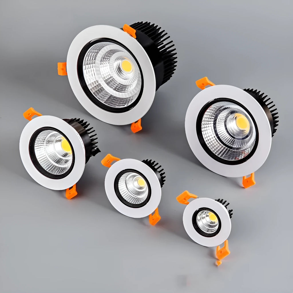 Black aluminium embedded LED ceiling spotlight with anti-glare design showing three colour temperature options