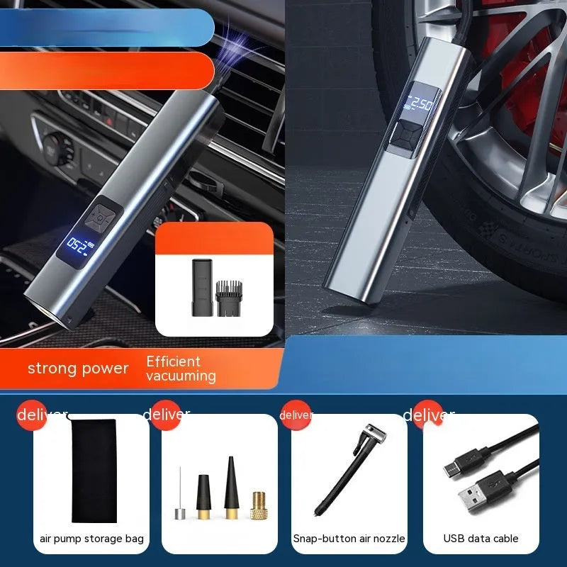 Wireless car air pump with digital display, vacuum cleaner attachment and emergency lighting functions