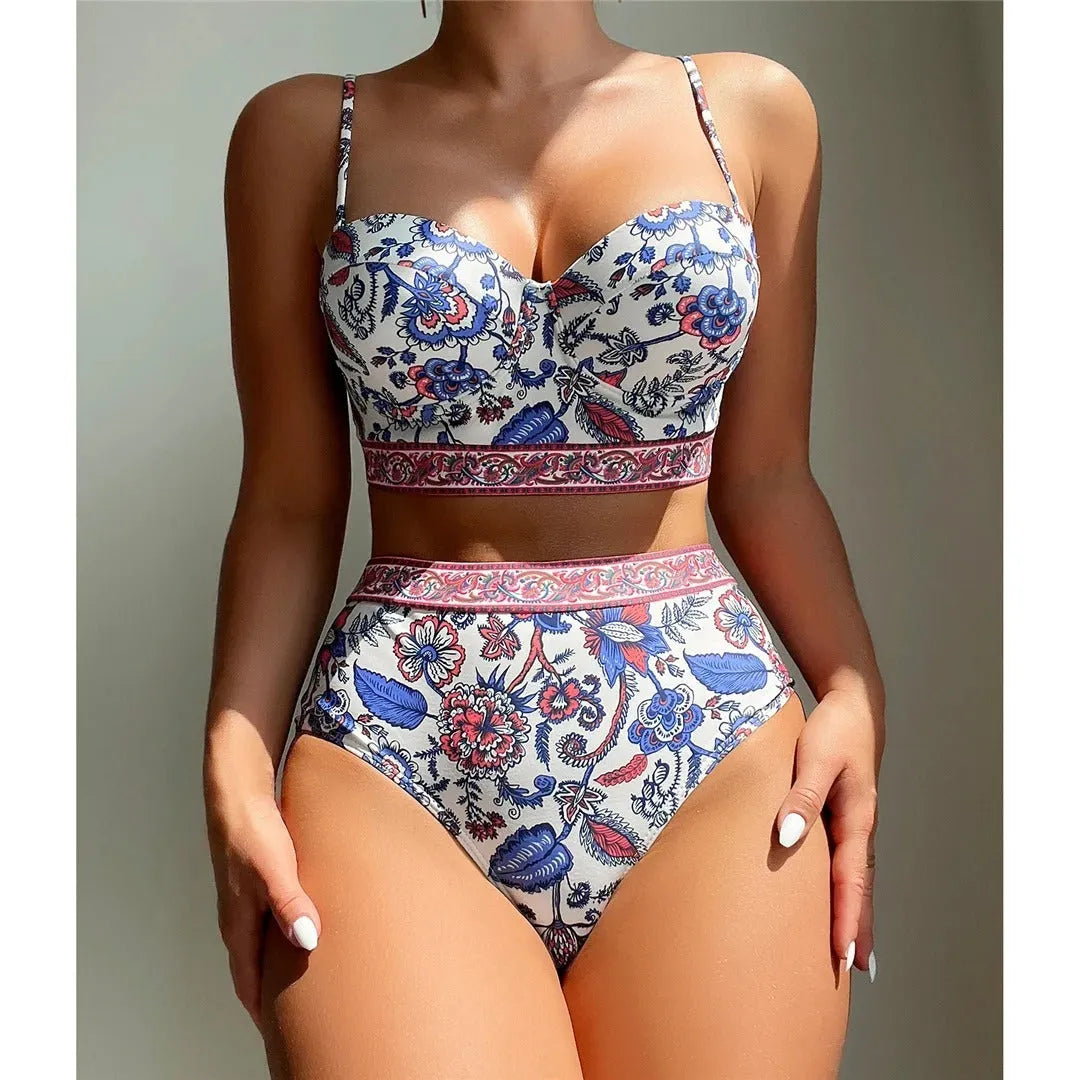 Blue women's high waist bikini with push-up top on a mannequin