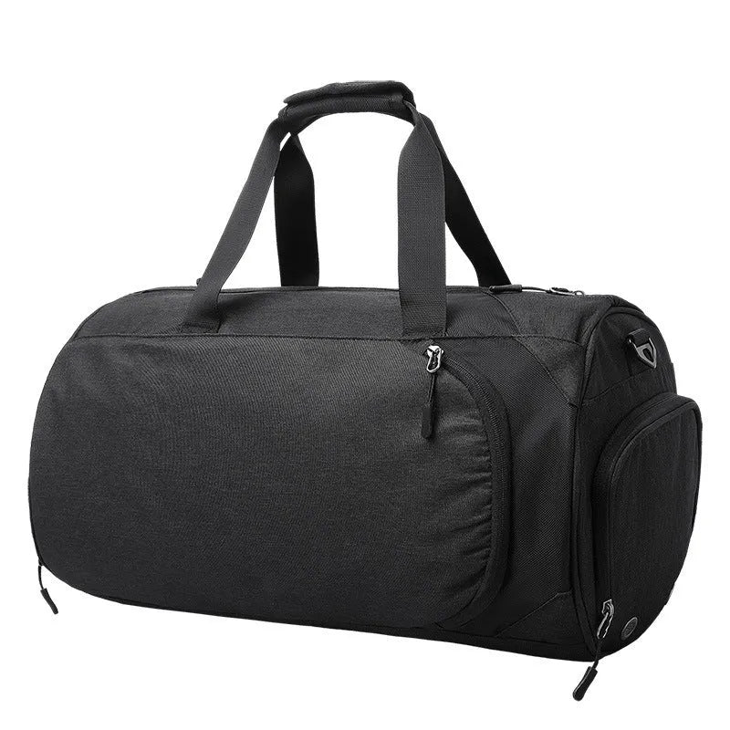 Medium oval travel bag in light grey oxford cloth, open to show internal organiser bags including camera insert and document pockets.
