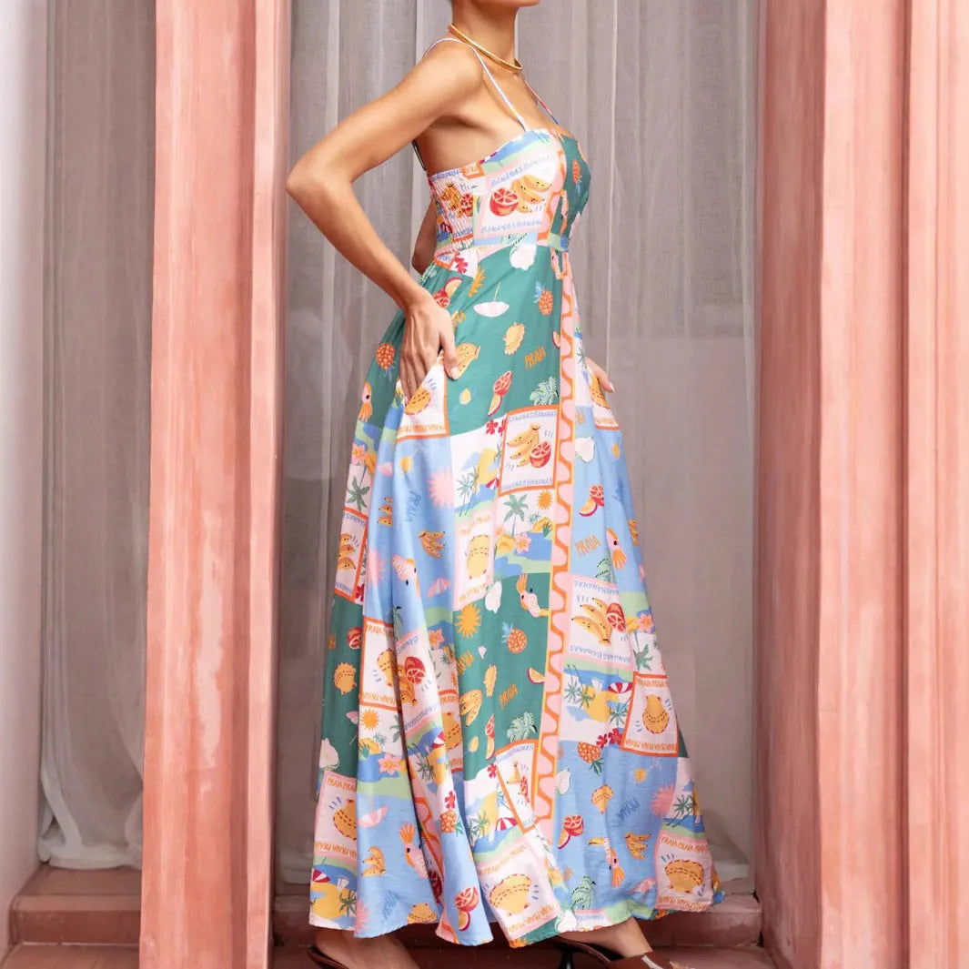 Women's green printed sleeveless flared strap long dress with pockets, polyester fabric