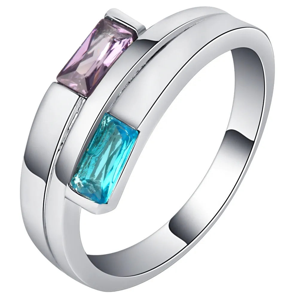 Copper ring with electroplated silver finish and inlaid zircon stones in contemporary European American style