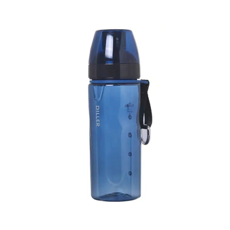 Chinese-style portable sports water bottle with tea infuser compartment in blue, red, black, or grey.